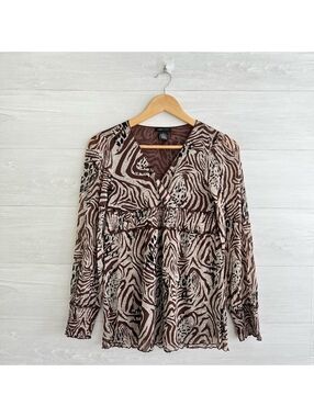 BCBG Max Azria Brown Animal Print Mesh Empire Waist Peplum Top Sheer S
